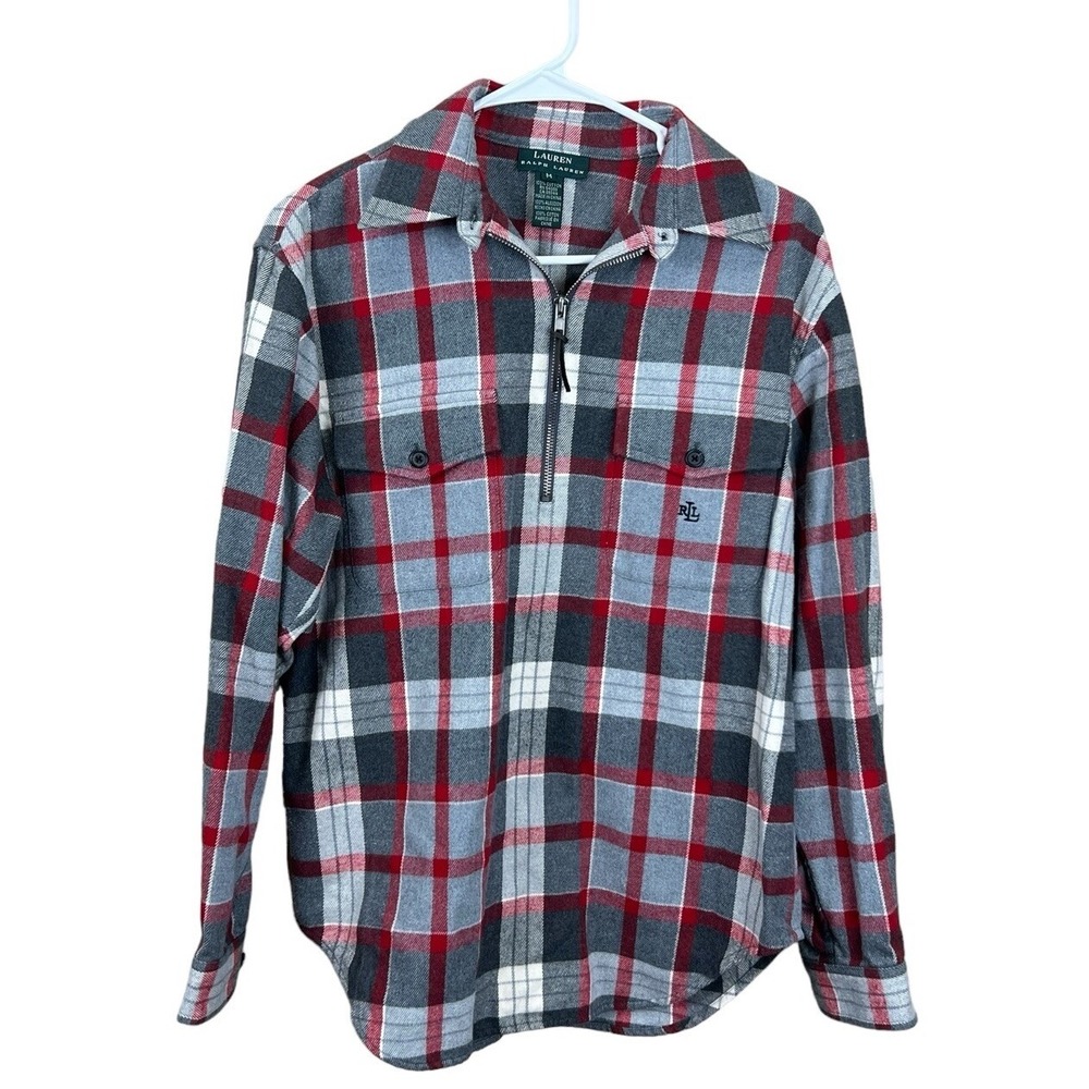 Lauren Ralph Lauren‎ Womens Sz Medium Gray Red Plaid Flannel Quarter Zip Popover
